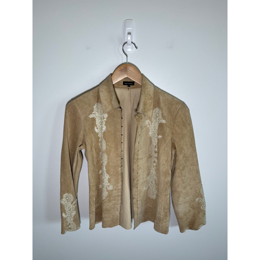 Boho Western Rodeo Festival Womens Genuine Suede Leather Jacket Tan XS Lace